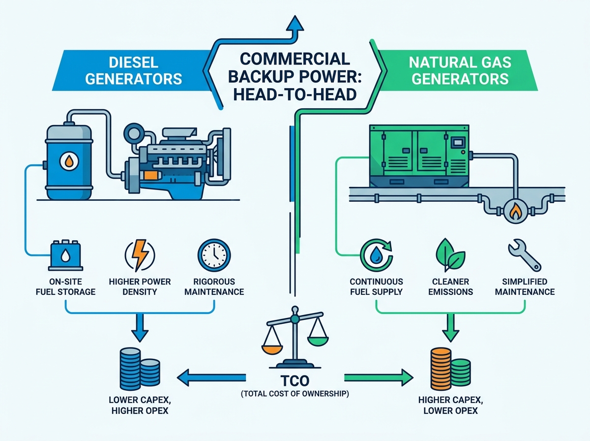 Commercial backup power generator for industrial facilities