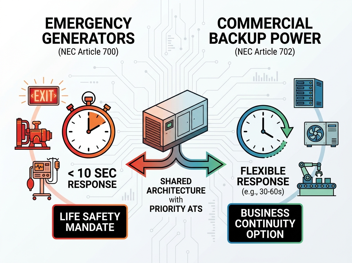 Commercial backup power generator installation and architecture
